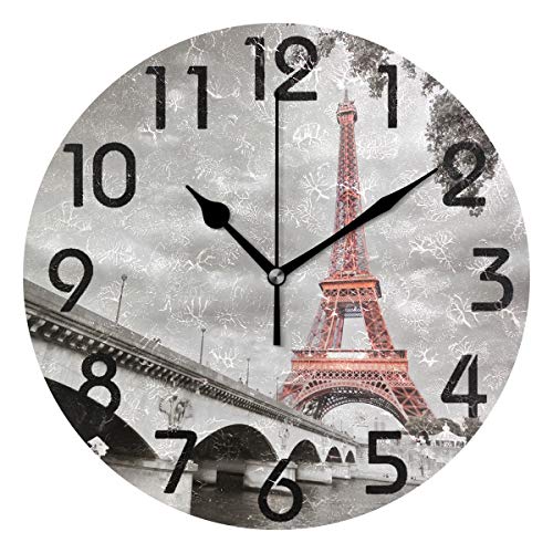 Naanle 3D Stylish Eiffel Tower Paris in Monochrome Style Round Wall Clock Decorative, 9.5 Inch Battery Operated Quartz Analog Quiet Desk Clock for Home,Office,School