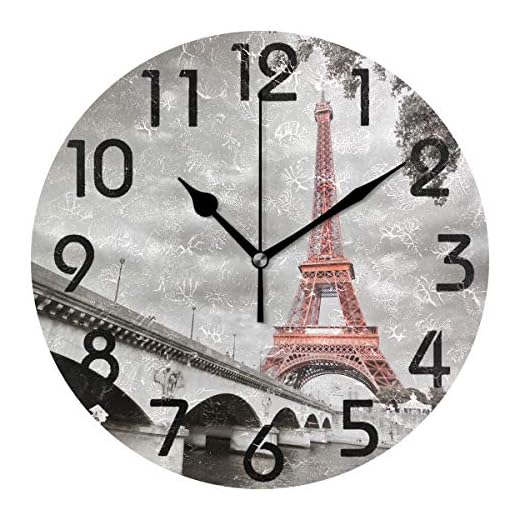 Naanle 3D Stylish Eiffel Tower Paris in Monochrome Style Round Wall Clock Decorative, 9.5 Inch Battery Operated Quartz Analog Quiet Desk Clock for Home,Office,School