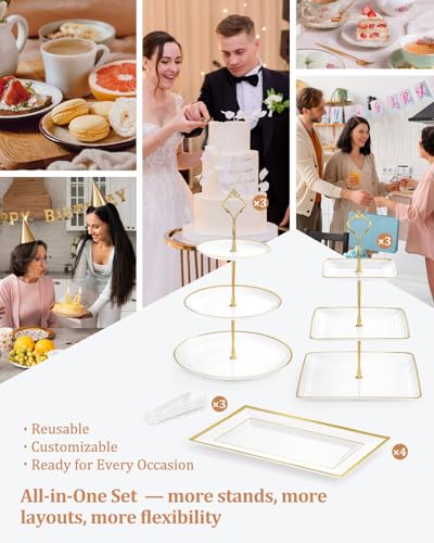 Lzerking 13pcs Dessert Table Display Set, 6 3-Tiered Cupcake Stands (3round & 3square) with 4 Trays & 3 Tongs, White Gold Plastic for Wedding, Tea Party, Baby Shower Decor, Birthday Party Decoration - Image 8