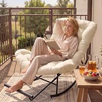 VASAGLE Fauteuil à Bascule, Fauteuil Cocooning, Structure en Acier, Repose‑Pieds Extensible, Coussin Amovible,