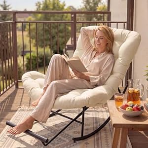 VASAGLE Schaukelstuhl, Schaukelsessel, Relaxsessel, Stahlgestell, ausziehbare Fußstütze, abnehmbares Kissen, bis 136 kg belastbar, Schlaf-, Wohnzimmer, Terrasse, Garten, beige LYY062WZ01