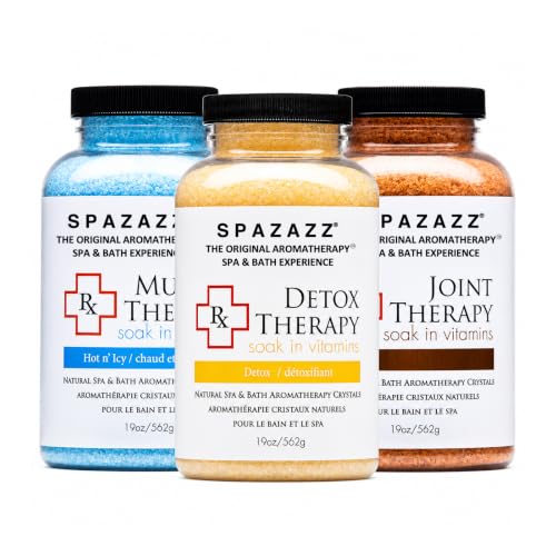 Spazazz Hot Tub Aromatherapy RX Muscle Detox Joint Bath Salt Crystals Bundle. Three Jars of 19oz Spazazz Hot Tub Crystals with Hot/Cold Towel and 5-Point Full Body Massager