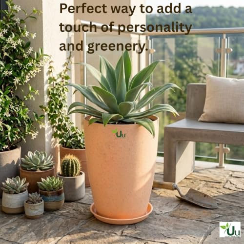 Image of Urban Upvan Beige 14 inch Tower Planter Pot with Tray | Large Indoor Outdoor Decorative Flower Pots for Home, Balcony & Garden (Pack of 2)