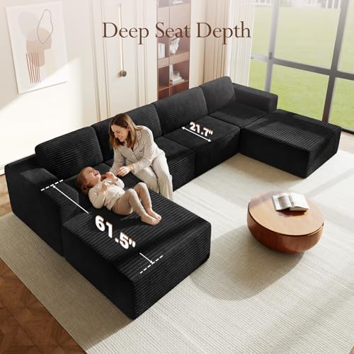 Image of Vesgantti 159 inch Large Modular Sectional Sofa, U-Shaped Corduroy Cloud Couch with Deep Seats & Spring Support, 4-Seater Boneless Sofa with 2 Movable Ottomans, No Assembly Needed, Black