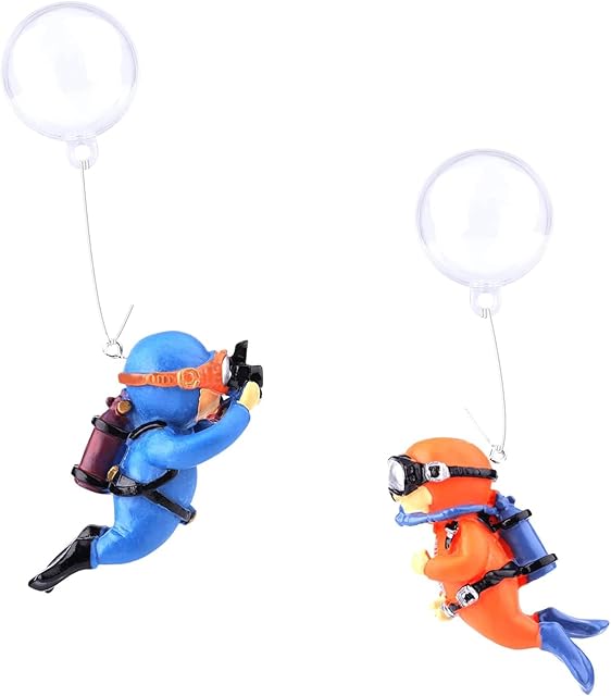 2 PCS Fish Tank Accessories, Fish Tank Decorations, Aquarium Ornaments Fish Tank Ornaments Floating Cartoon Lovely Diver with Wire and Ball, for All Kinds of Fish Tanks(Orange, Blue)