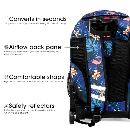 Image of J World Sunrise Kids Rolling Backpack with Wheels for Girls Boys, Roller Bookbag for School, 18 x 13 x 9 Inches, New Flamingo