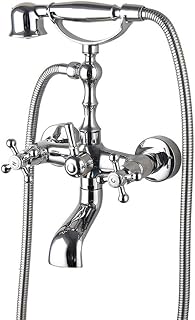 Grifo De Bañera Latón Dos Mandos Grifo De Ducha Con Ducha De Mano Retro Antique Estilo Montaje En Pared Mezclador De Baño Y Ducha, 150 Cm Manguera, Cromado