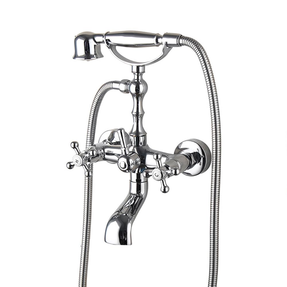 Grifo De Bañera Latón Dos Mandos Grifo De Ducha Con Ducha De Mano Retro Antique Estilo Montaje En Pared Mezclador De Baño Y Ducha, 150 Cm Manguera, Cromado