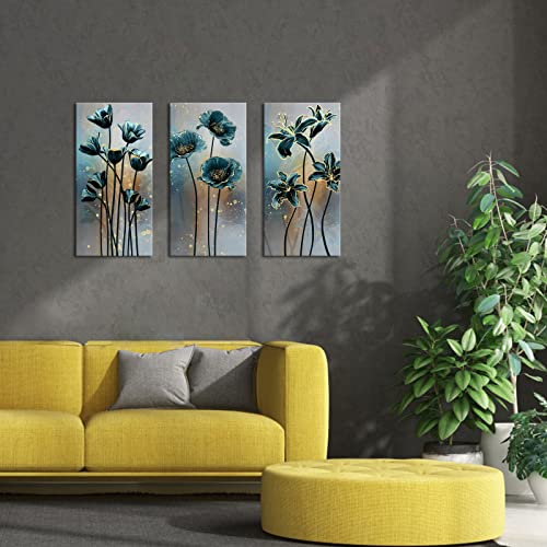 Klvos Large Blue Flower Canvas Prints Wall Art Elegant Floral Poppy Tulip Lily Painting Pictures Modern Artwork Home Decor For Kitchen Living Room Dining Room 16X32Inchx3 Panel #TOP3