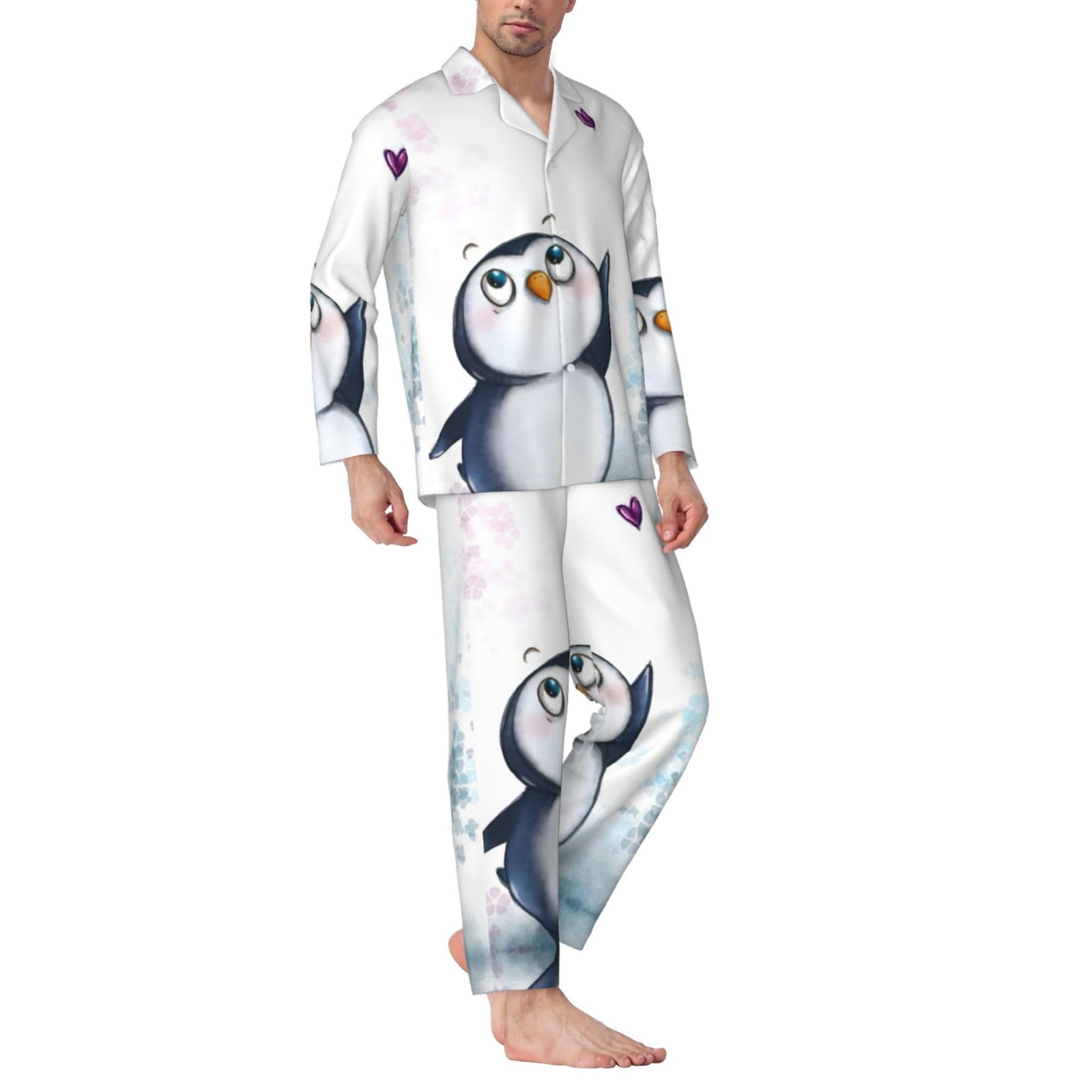 Męska piżama z nadrukiem "I Love Penguins", miękka piżama z długim rękawem dla mężczyzn zapinana na guziki bielizna nocna salon piżamy zestaw z kieszeniami