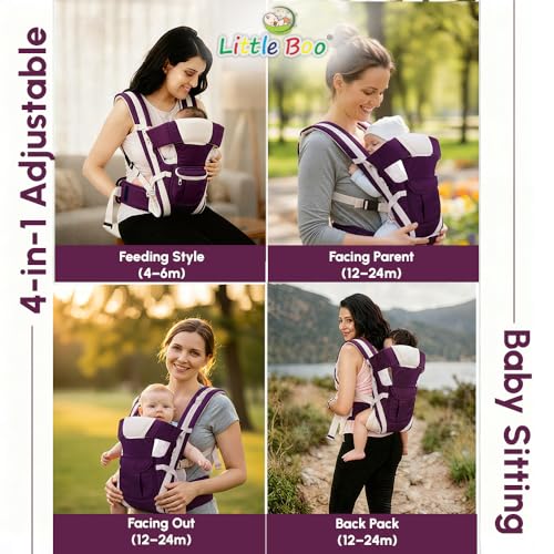 Image of LittleBoo New Born Baby Carrier Bag 4-in-1 Adjustable Baby Sitting Carrier Bag - Front & Back Carry with Head Support, Safety Belt & Buckle Straps for 0-24 Months (Purple)