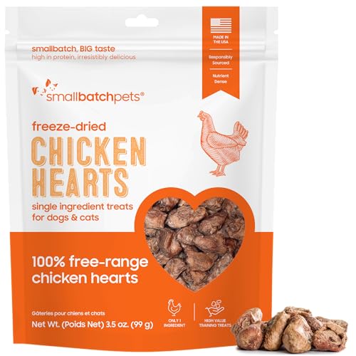 smallbatch Pets Premium Freeze-Dried Chicken Heart Treats for Dogs and Cats 3.5 oz Made and Sourced in The USA Single Ingredient Humanely Raised Meat No Preservatives or Anything Artificial Ever