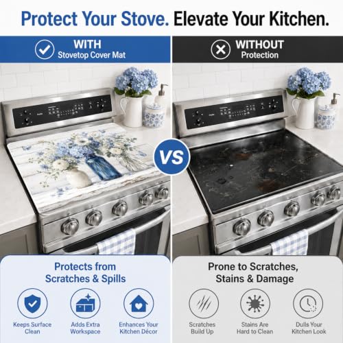 Image of Blue White Floral Stove Top Cover,28x20 Inch,Rubber Glass Cooktop Protector