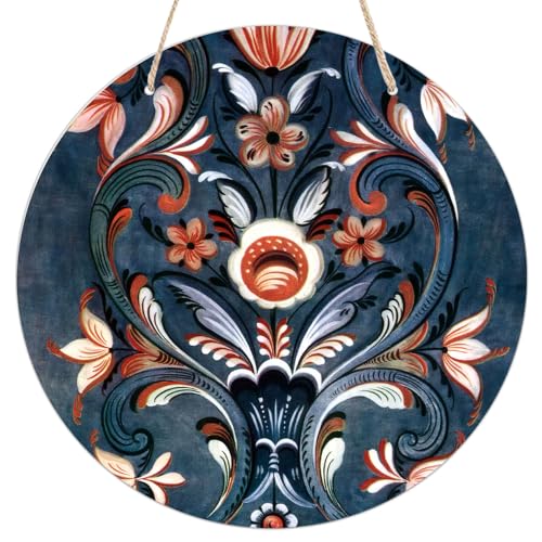 Norwegian Rosemaling Folk Style Round Wooden Hanging Sign for Home Office Wall Art Decor Door Hanger Gift 8×8 Inches