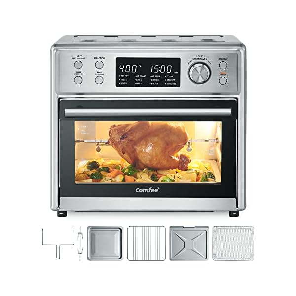 COMFEE' Toaster Oven Air Fryer Combo, 12-in-1 Air Fryer Oven with Rotisserie, 6 Slice Toast 12' Pizza, Double Layer, Countertop Convection Toaster Oven, 25L/26.4QT, Precise Temperature Control, 6 Accessories