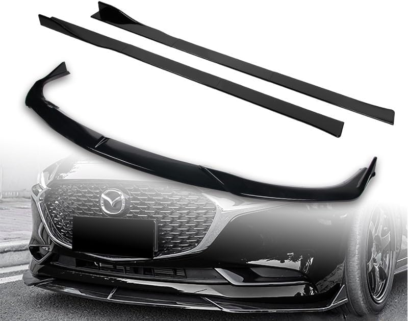 9pcs Combo Front Bumper Body Kit Lip + Side Skirt Extensions Diffuser Compatible with Mazda 3 2019-2023 Sedan Only 2020 2021 2022 (Painted Black)