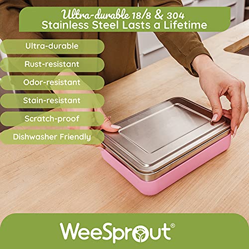 Weesprout 18/8 Stainless Steel Bento Box (Large) - 3 Compartment Metal Lunch Box, Skid-Proof Silicone, For Kids & Adults, Bonus Dip Container, Fits In Lunch & Work Bags, Dishwasher & Freezer Friendly #TOP3