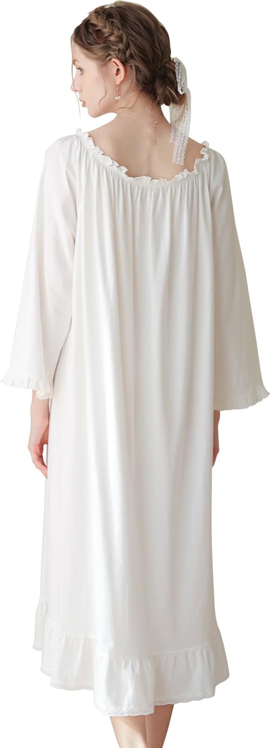 Shymay Women's Victorian Cotton Nightgown Vintage Nightdress Long Sleeve Sleepwear Lace Ruffle Lounge Dress - Image 2