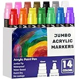 14 Colors Jumbo Markers, Jumbo Acrylic Paint Markers 15mm Wide Felt Tip Permanent Ink Pens for Poster, Rock Painting,Fabric,Glass, Wood, Stone, Ceramic & DIY Crafts, Vibrant Art Pens for Most Surfaces