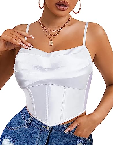 Loday Satin Corset Top Women Spaghetti Straps Boned Vintage Bustier Zip Back Y2K Fashion Going Out Party Crop Top(As1, Alpha, M, Regular, Regular, White) #TOP16