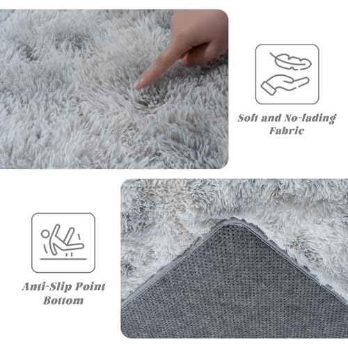 Tie-Dyed Grey Rugs for Bedroom 5x7 ft - Ultra Soft Faux Fur Area Rug - Plush Non-Slip Shaggy Carpet for Living Room, Cozy Fluffy Rug for Kids Boys Girls Dorm Nursery Room, High Pile Floor Carpet