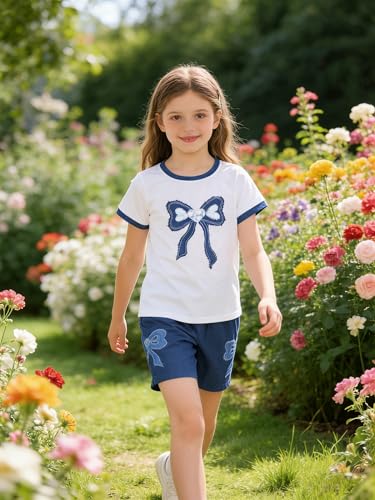 Image of Ayzozuy Kid Girl Clothes Shorts Set 2 Piece Outfits Summer Casual Short Sleeve Top and Shorts Set for Girls 4-7