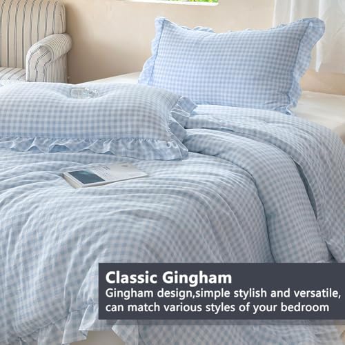 Image of NSNLGSGC Light Blue Ruffle Gingham Comforter Set Twin, Pre-Washed Ruffled Plaid Checked Comforter Bedding, 2 Pieces Vintage Farmhouse Grid Bedding Set(Blue Gingham, Twin)