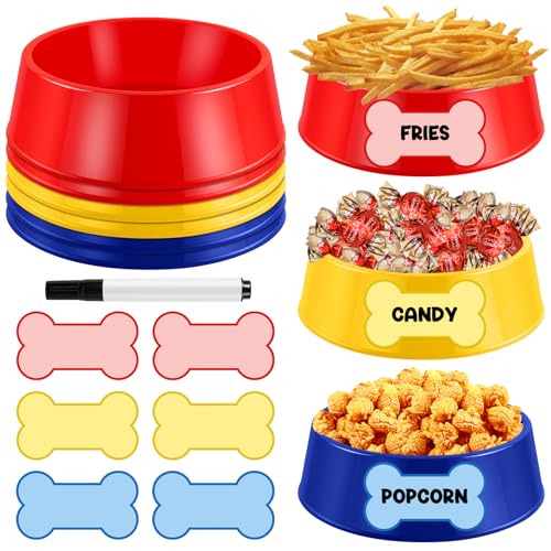 Demonwer 6 Set Dog Paw Plastic Bowls Dog Birthday Party Supplies Red Blue and Yellow Food Trays with Bone Cards for Table Dog Puppy Party Decorations