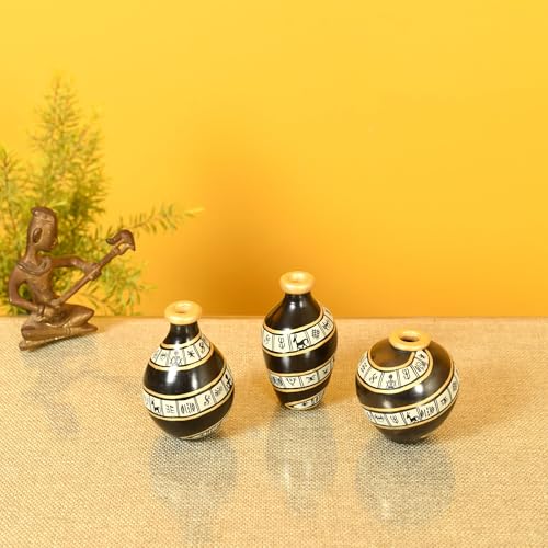 Image of Aakriti Art Creations Black Spiral Terracotta Miniature Decor Vases Set of 3 | Hand-Painted Warli Art Black & Gold | Matte Finish Decorative for Living Room, Table Decor & Gifting