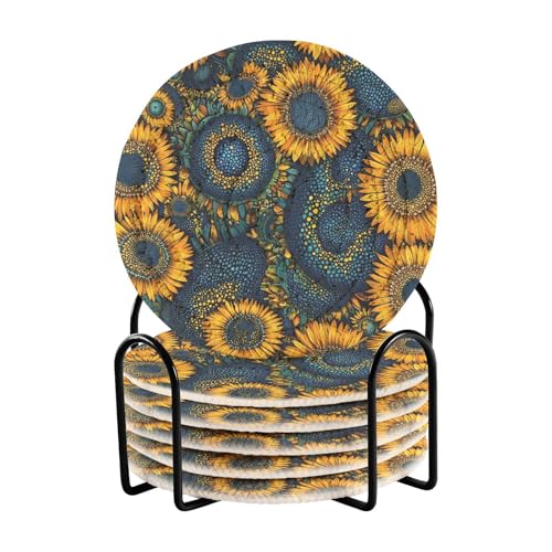 Ukraine Tournesol Beauté Fleurs D'été Décoratifs Sous-verres Absorbants Homedecor Articles Dessous de Verre pour Table en Bois Ensemble avec Support Lot de 6