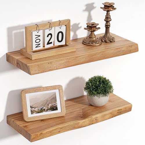 Image of Floating Shelves for Wall Decor, Rustic Solid Elm Wood Live Edge Floating Shelves Wall Mounted, Wall Shelves with Invisible Bracket for Living Room Bathroom Bedroom Kitchen, 20 Inch Set of 2, Natural