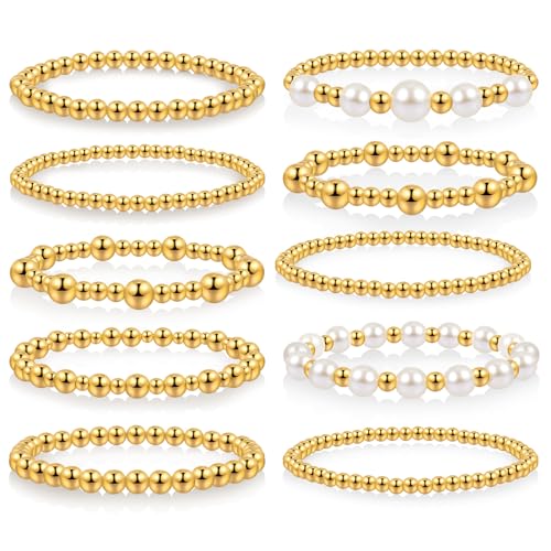 Valentine's Day Gift: 10 Gold Beaded Bracelets Set for Women