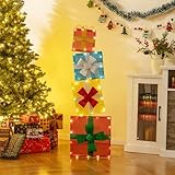 Tangkula 4 FT Lighted Stacked Gift Boxes, Light up Box Tower Christmas Decorations with Built-in LED Lights & Decorative Bows, Indoor/Outdoor Pre-Lit Gift Boxes Set of 4
