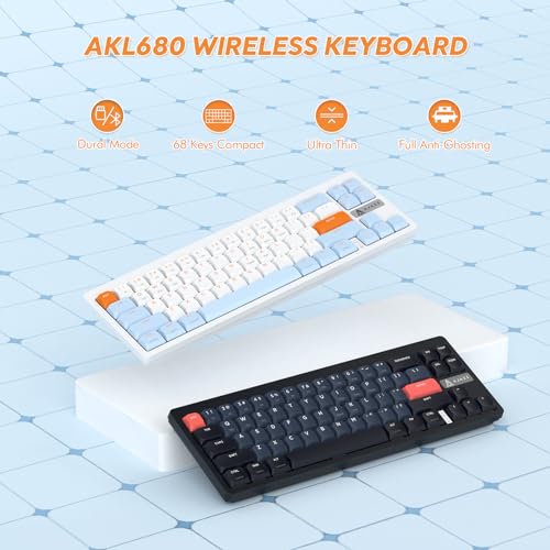 Image of A.JAZZ AKL680 65% Low Profile Wireless Mechanical Keyboard, BT /2.4Ghz Dual Mode 68 Keys Gaming Keyboard with Ultra-Thin Red Switches for PC /Laptop /Windows /Mac(Blue /White)