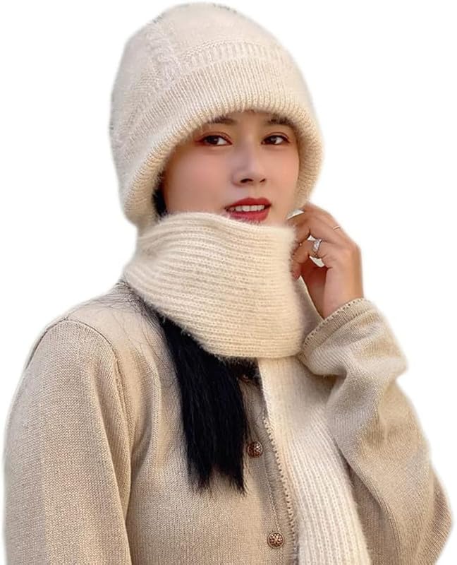 Women's Knitted Hat Winter Plush Velvet Warm Woolen Cap Neck Scarf | Twist Color Fuzzy Slouchy Beanie Monkey Cap with Muffler for Ski Hiking Outdoor Girls & Ladies-picture-31