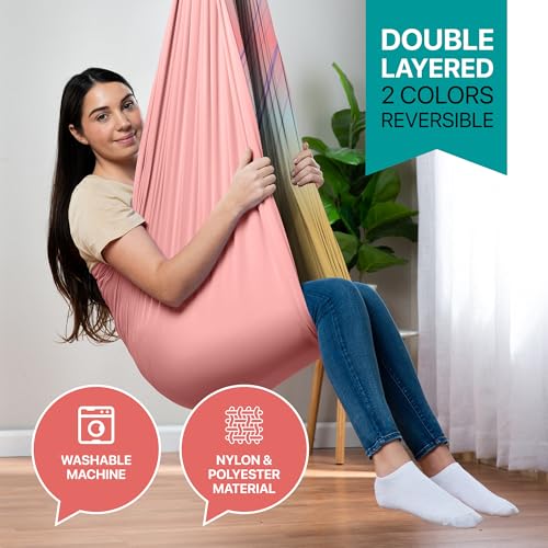 Image of Indoor Sensory Swing for Kids or Outdoor - Holds 300lbs, Double-Layer, & 360 Swivel, Calming Compression Therapy Swing Hammock for Kids & Adults with All Hardware - Sensory-Motor Toys & Gifts