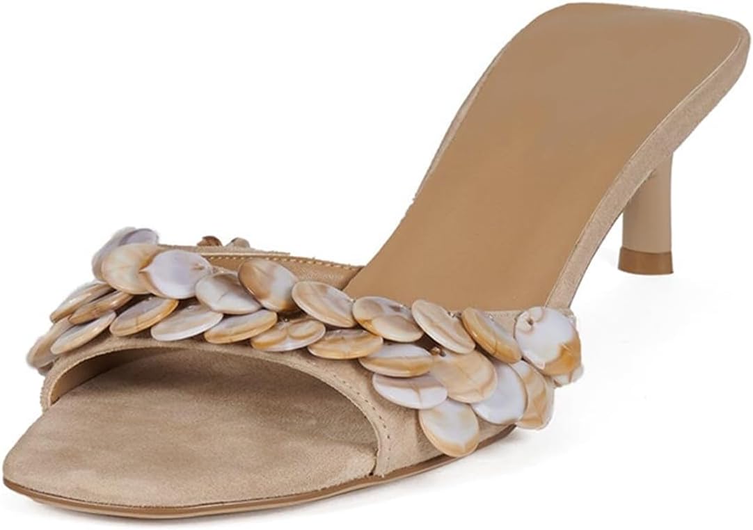 DOEYG Kitten Heel Sandals for Women Suede Slide Sandals Dressy Comfortable Square Open Toe Summer Slip on Mule heels Heeled Sandal with Ornamental Wooden Detail