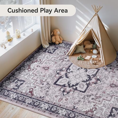 Lofus 3x5 Area Rugs for Living Room, Machine Washable Area Rug, Soft Small Rugs for Bedroom, Kitchen, Office and Indoor, Vintage Boho Carpet, Non-Slip Low Pile Carpets, Black and Pink
