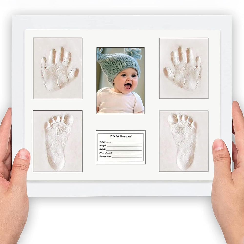 AMERTEER Baby Clay Handprint Footprint Kit Picture Frame - Personalized Newborn Memory Keepsake with Photo Frame and Plaster Kit