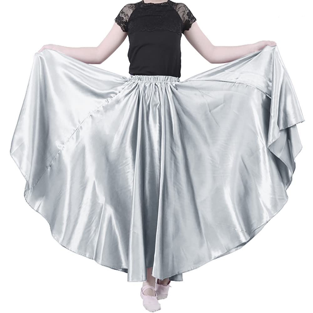 Long Full Ankle Length Satin Flowy Folkloric Latin Belly Dance Umbrella Skirt for Girls 8-12 Years (Silver)