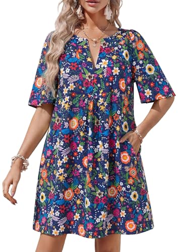 Image of Wenrine Womens Flutter Short Sleeve Mini Dress Casual V Neck Loose Flowy Summer Dresses
