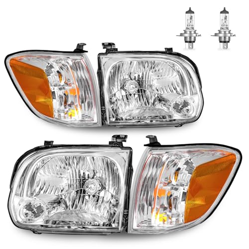 ROADEAL Headlights W/Bulbs for 2005 2006 Tundra Double Cab SR5/Limited and 2005-2007 Sequoia Double Cab SR5/Limited Headlamp Replacement Driver & Passenger Side