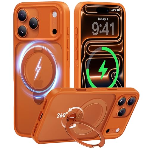 【2025最高傑作&定点360度回転】CASEKOO iPhone 17 Pro 用 ケース MagSafe対応 米軍MIL規格 360°全方向耐衝撃 高耐久性【横縦両立・角度自由調整】最大25W急速充電対応 指紋防止/マット仕上げ/黄変防止/半透明 ラップホール付き ワイヤレス充電対応 いphone17pro 用ケース 6.3インチ「MagicStand Pro」(オレンジ)