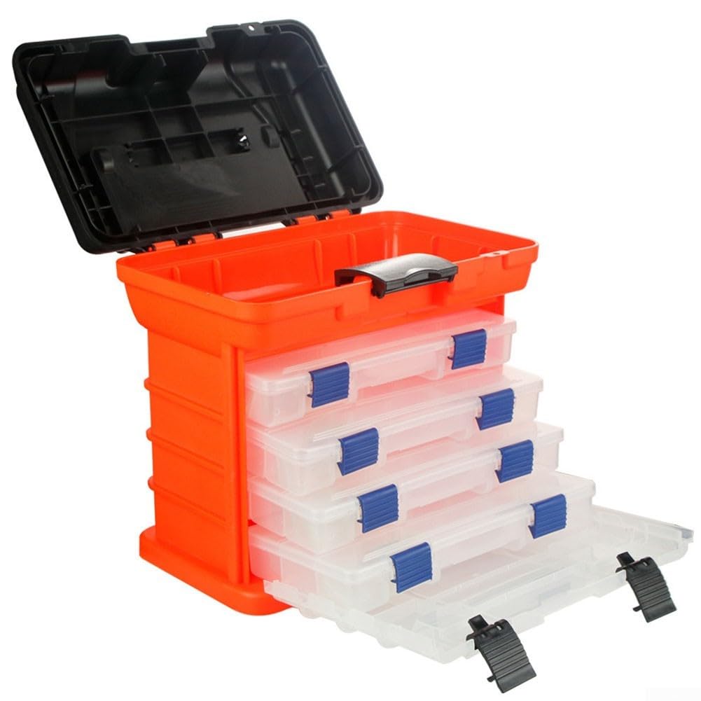 Caja de aparejos de pesca, organizador de almacenamiento portátil de 4 capas con asiento de asa plegable, bloqueo de hebilla gruesa para líneas de carretes de señuelo, caja de engranajes