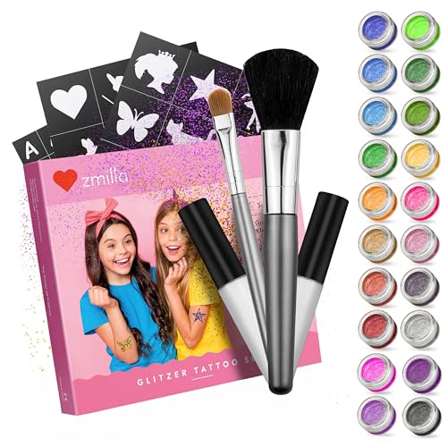 ZMILLA® Set di tatuaggi con glitter bio per bambini (20 colori | 100 stencil) per ragazze – tatuaggi glitter inclusi 2 pennelli e 2 colle, glitter biodegradabili