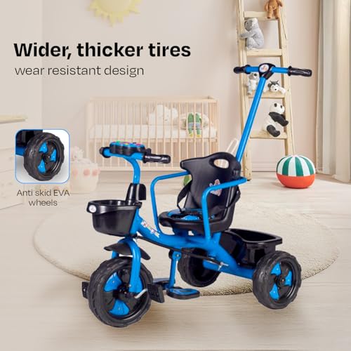 Image of ViniToys Sparx PH Baby Tricycle for Kids 1 to 5 Years with Removable Parental Control Handle, Safety Guard, Seat Belt, Footrest, Music, Storage Baskets and Wide Grip Wheels (Blue, Sparx PH)