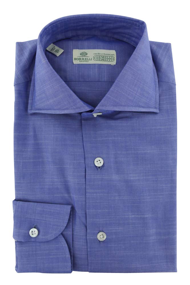 Luigi Borrelli Blue Patterned Button Down Spread Collar Cotton Slim Fit Dress Shirt Size Small 15