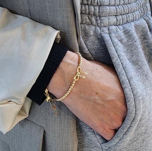 Anela 14kt Gold Filled Beaded Bow Bracelet for Women, Ribbon Bracelet with Gold Filled Beads, Gift Idea, Stretchy to Fit, Made in USA2