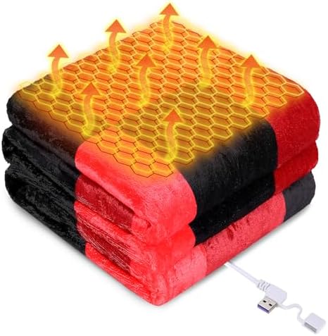 USB Powered Heated Throw Blanket for Women, 50" X 60" 9V 18W Portable Black Red Grid Electric Heating Blanket with 3 Heat Settings,8-Zone Graphene Heating Blankets for Couch Car Office Outdoor