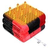 USB Powered Heated Throw Blanket for Women, 50' X 60' 9V 18W Portable Black Red Grid Electric Heating Blanket with 3 Heat Settings,8-Zone Graphene Heating Blankets for Couch Car Office Outdoor